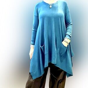 NWT TEAL CASHMERE FEEL TUNIC TOP SWEATER DRESS A-LINE FRONT POCKET O/S TEAL